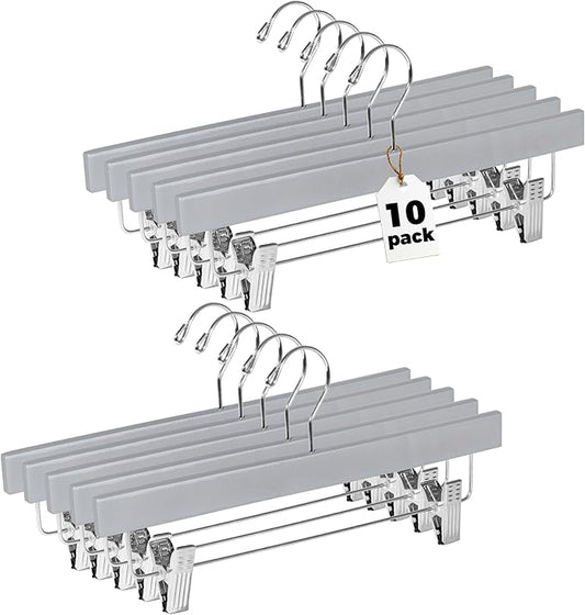 Quality Hangers Wooden Pants Hangers - 10-Pack Swivel Hook Cloth Hanger Set - Lotus Wood Skirt, Pant, Shorts and Slack Hangers with Adjustable Clip – Gray Clothing Hanger (Gray, 10)