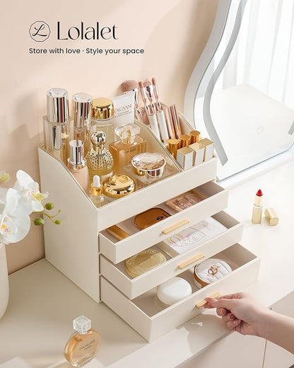 Lolalet PU Leather Makeup Organizer for Vanity Desk, 4-Layer Luxury Make Up Storage Cosmetics Holder Box with Drawers -Cream