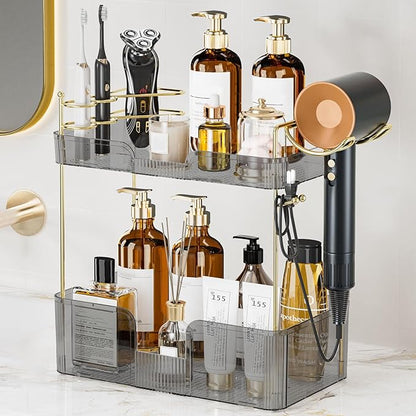 SpaceTrove 2-Tier Bathroom Counter Organizer, Makeup Organizer, Perfume Organizer, Large Skincare & Vanity Organizer, with Toothbrush, Toothpaste, Hair Dryer Holder (Smoky Grey)
