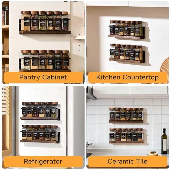 4-Tier Wall Mount Spice Rack Organizer- Screw/Adhesive Mount, Black Metal & Wood Spice Storage for Kitchen Pantry Cabinet, 11.6”W x 2.4”D x 3.2”H, Spice Jars Not Included