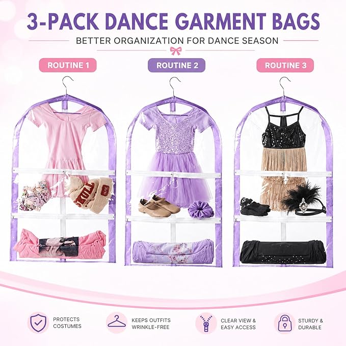 Clear Kids Garment Bags,3 Packs Garment Bag For Dance Costumes With Pockets,Foldable Garment Bags For Hanging Clothes Travel Storage,Dance Garment Bags For Dancers.35" Garment Dance Competition Bag