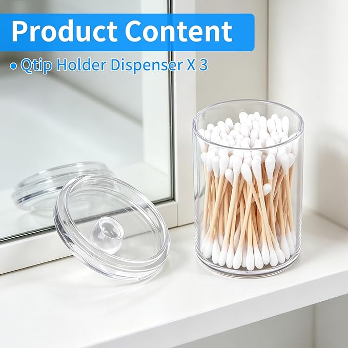 3 Pack Acrylic Qtip Holder Dispenser, for Cotton Ball, Swab, Round Pads and Floss, Small Clear Bathroom Storage Jars for Makeup Counter, Vanity Accessories