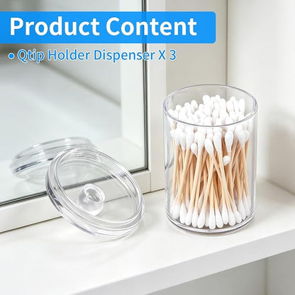 3 Pack Acrylic Qtip Holder Dispenser, for Cotton Ball, Swab, Round Pads and Floss, Small Clear Bathroom Storage Jars for Makeup Counter, Vanity Accessories