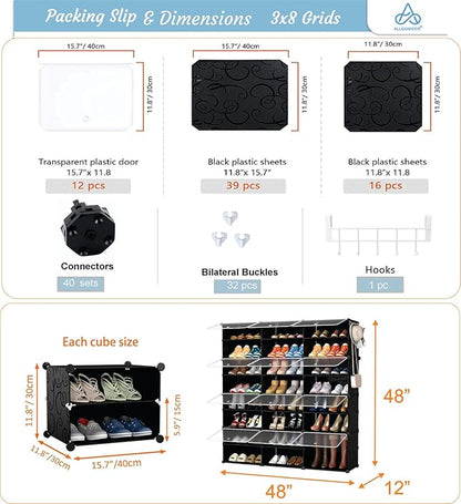 Patented Shoe Racks Organizers Shelves, Floor-Standing, Wall Hanging, Sturdy and extendable. Easy DIY Assembly, for Door Entrance, Closet, and Workplace (3x8Grid, Translucent & Black)