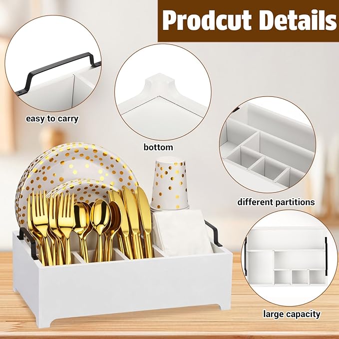 LemonRoad Wood Paper Plate Dispenser Rustic Silverware Utensil Caddy Cutlery Flatware Organizer with Handles 6 Compartments for Countertop Party Picnic Camping Buffet Kitchen Accessories(White)