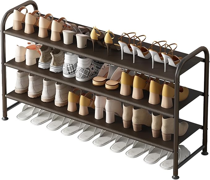 INGIORDAR Shoe Rack 3 Tier Long Storage Organizer Wide Metal Shoe Shelf for Closet Entryway Brown