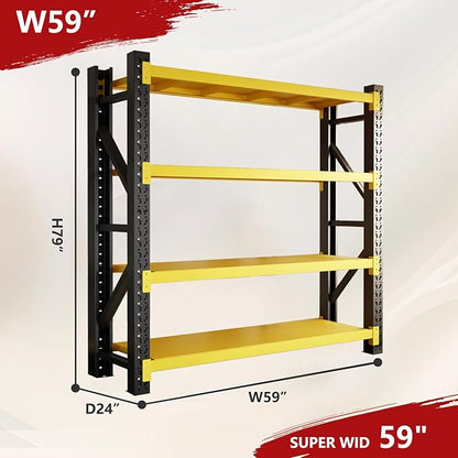 60" W Garage Shelving Heavy Duty, 5000lbs 4-Tier Metal Adjustable Garage Shelves, Storage Shelves for Warehouse, Pantry, Basement, 60" W X 24" D X 79" H (Black+Yellow, 60x24x79)