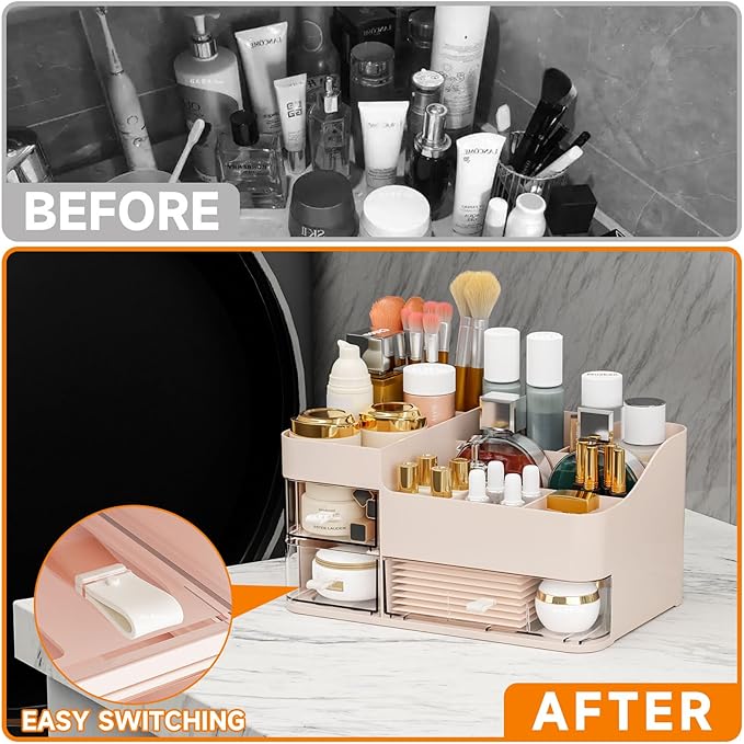 SuoXing Pink Makeup Organizer for Vanity,Large Plastic Skincare Organizers With Drawers,Bathroom Counter Organizer Cosmetic Storage for Dresser Top Skin Care,Lotion,Beauty Products and Brush Holder