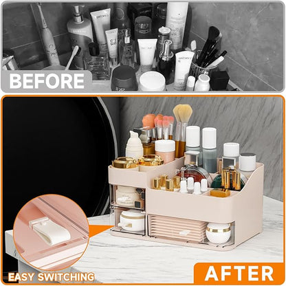 SuoXing Pink Makeup Organizer for Vanity,Large Plastic Skincare Organizers With Drawers,Bathroom Counter Organizer Cosmetic Storage for Dresser Top Skin Care,Lotion,Beauty Products and Brush Holder