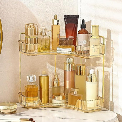 CESTATIVO Corner Bathroom Counter Organizer, Vanity Trays for Bathroom, Skincare Makeup Organizer Shelf, Shelf Cosmetics, Toiletries, Lotions, Perfumes (2 Tiers, Amber)