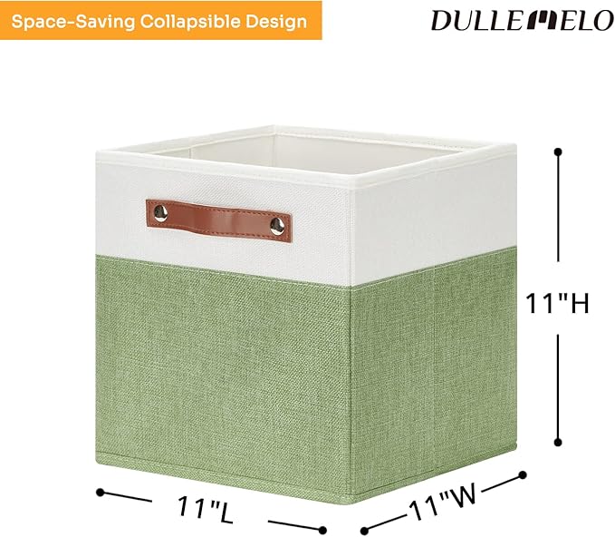 DULLEMELO 11x11 Cube Fabric Organizer Storage Bins for Shelf, Toy Square Green Bins, Kids Clothes Closet Baskets Storage, for Bedroom, Living Room, Dorm(White&Green-4 Pack)