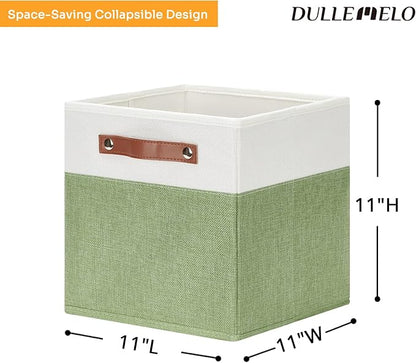 DULLEMELO 11x11 Cube Fabric Organizer Storage Bins for Shelf, Toy Square Green Bins, Kids Clothes Closet Baskets Storage, for Bedroom, Living Room, Dorm(White&Green-4 Pack)