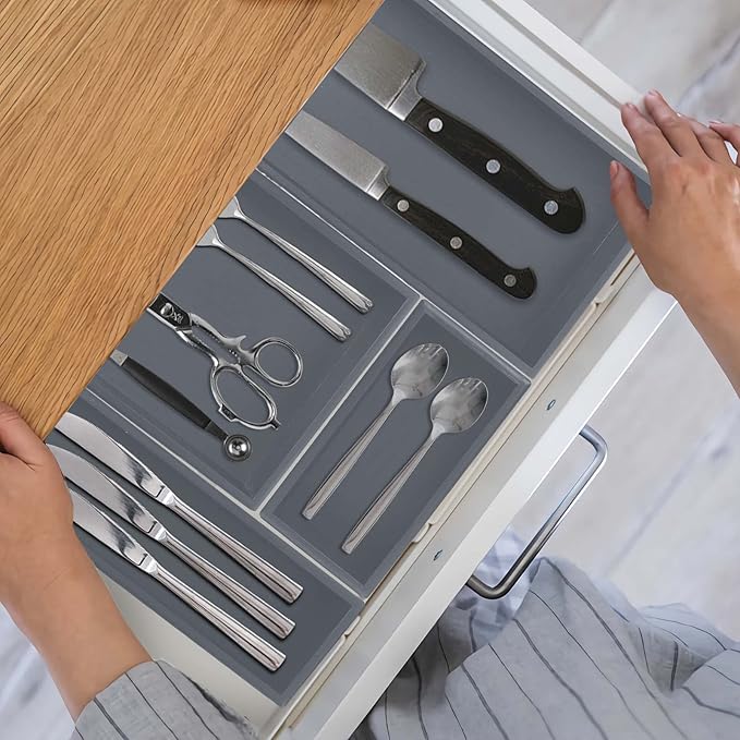 PRATIQUE Bamboo Drawer Organizer - Kitchen Utensil Organizer Silverware Tray Cutlery Holder，Office Desk Supplies and Accessories,15 * 5.9 * 2.6,Grey