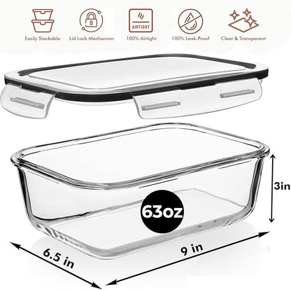 Razab 4 PC 1860ml / 63 Oz / 8 Cups Large Glass Food Storage Containers with Lids - Glass Meal Prep Containers for Roasting & Storing Leftover, Lunch Container with Lids, Microwave & Oven Safe