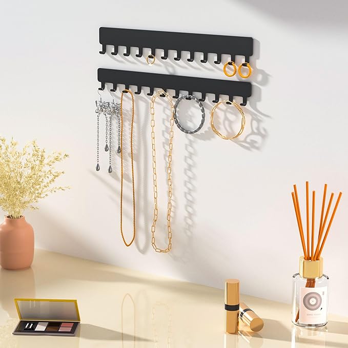 Bussdis Necklace Holder - Hanging Jewelry Organizer, Self-Adhesive, Wall Mount, 2 Pack, Black
