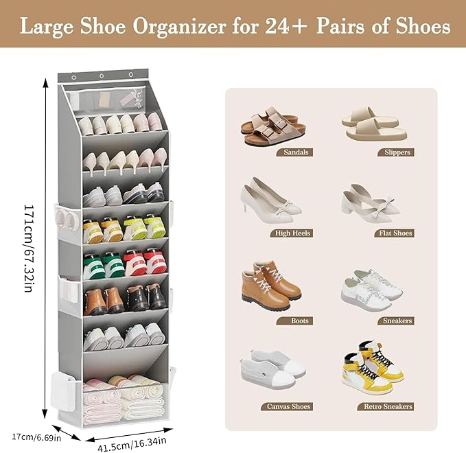 Over The Door Shoe Storage Bag – Foldable Hanging Organizer, Large Pocket | Multi Compartment Closet Holder, Space Saving Container for 16 24 Pairs Shoes Bags Accessories Entryway