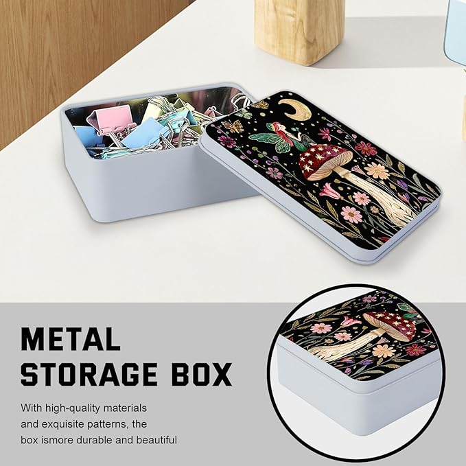 Metal Tin Box with Lid for Game Cards Home Organizer Candles Keys Crafts Storage - Equipped with 4 Magnetic Cord Clips，Mushroom Fairy and Moon