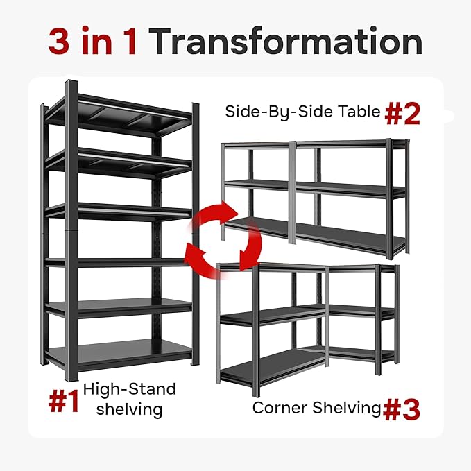 6-Tier Heavy Duty Shelving Unit, Garage Storage Shelves, Adjustable Shelf, 3000lbs Capacity, 45 Inch Wide Metal Storage Rack for Garage, Basement, Pantry, Kitchen, 77" H x 45" W x 18" D, Black