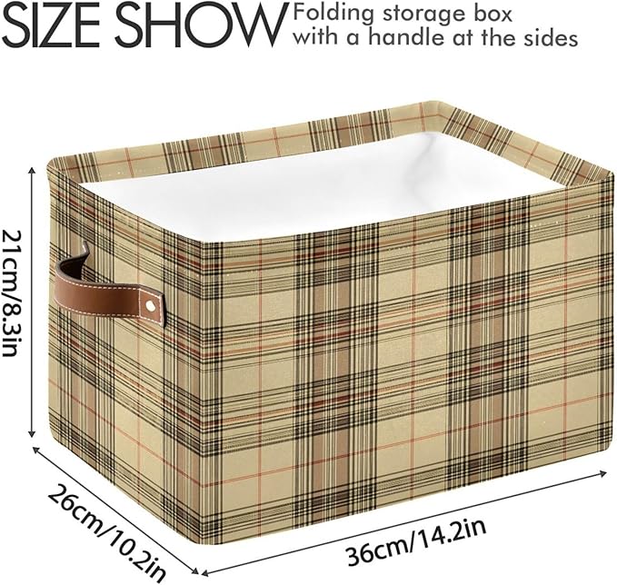 Large Storage Basket Beige Gingham Plaid Storage Bin Cube Canvas Fabric Organizer Handles Collapsible for Clothes Toys Bedroom Decorative