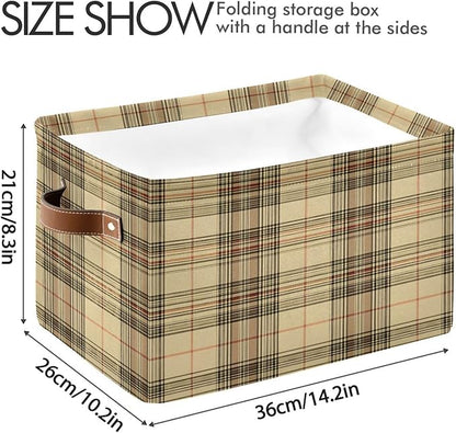Large Storage Basket Beige Gingham Plaid Storage Bin Cube Canvas Fabric Organizer Handles Collapsible for Clothes Toys Bedroom Decorative