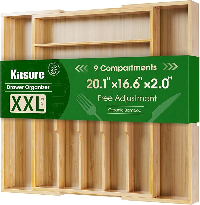 Kitsure Silverware Organizer - Expandable Bamboo Kitchen Drawer Organizer for Cooking Utensils and Cutlery, Sturdy & Thickened Kitchen Organizers and Storage Solution, XX-Large, Natural