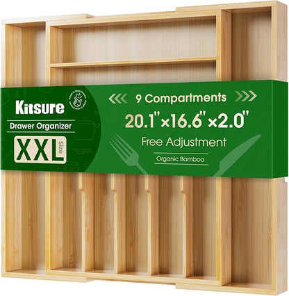 Kitsure Silverware Organizer - Expandable Bamboo Kitchen Drawer Organizer for Cooking Utensils and Cutlery, Sturdy & Thickened Kitchen Organizers and Storage Solution, XX-Large, Natural