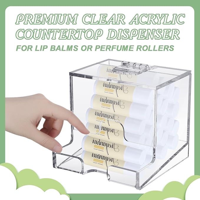 Wenqik 2 Pack Clear Acrylic Lip Balm Dispenser with Hinged Lid Home Freestanding Countertop Display for Lipsticks Glosses or Lip Balm Essential Oils (3.4 x 3.4 x 3.07 inch)