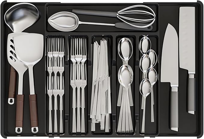 Yieach Black Expandable Silverware Drawer Organizer - Adjust From 11'' to 22'' - Knife,Cutlery,Spoons and Forks Organizer,Large 8 Grid Flatware,Silverware Tray,Utensil Organizer for Kitchen Drawers
