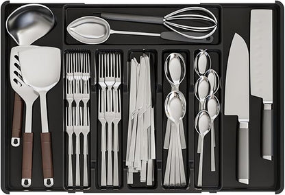 Yieach Black Expandable Silverware Drawer Organizer - Adjust From 11'' to 22'' - Knife,Cutlery,Spoons and Forks Organizer,Large 8 Grid Flatware,Silverware Tray,Utensil Organizer for Kitchen Drawers