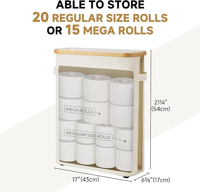 StorageWorks Toilet Paper Storage Baskets with Dual Flip Lids, Toilet Paper Organizer for Bathroom, Toilet Paper Container with Side Pocket, Holds 15 Mega or 20 Regular Rolls, Large, Beige