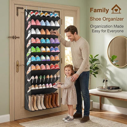 10 Tier Over the Door Shoe Organizer, Hanging Shoe Rack for Closet Door, Holds 20-30 Pairs, Large Pocket Storage for Sneakers Heels Boots, Black