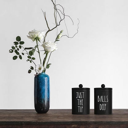 Farmhouse Apothecary Jars, Qtip & Cotton Ball Holder with Lids, Funny Rustic Cotton Swab Canisters for Bathroom Decor Storage Organization (Black)