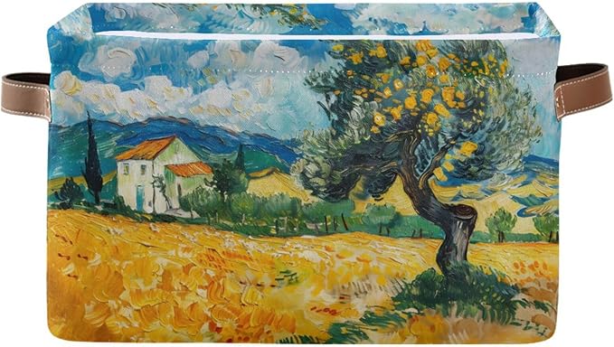 Large Storage Basket Tree Field Farmhouse Painting Storage Bin Cube Canvas Fabric Organizer Handles Collapsible for Clothes Toys Bedroom Decorative