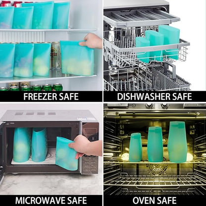 Reusable Food Bags, 12 Pack 100% Silicone Food Storage Bags Stand Up Zip Lock Container, Freezer Microwave Oven Dishwasher Safe, 4 Medium 4 Small 4 Extra Small, Aqua