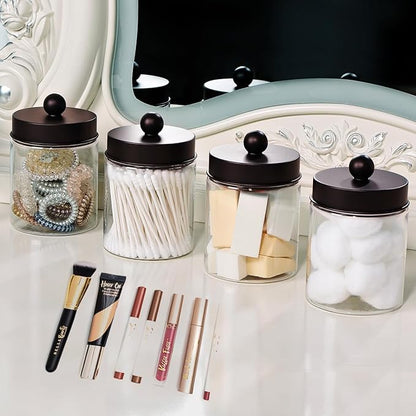 Amolliar Farmhouse Decor Qtip Holder Dispenser for Cotton Swabs,Balls, Cotton Pads, Floss - Clear Plastic Apothecary Jar for Bathroom Canister Storage, Vanity Countertop Makeup Organizer-Bronze (6)