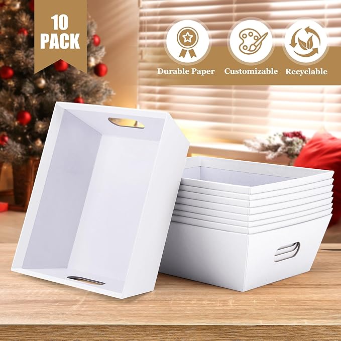 AFOROEOA 10PACK Baskets For Gifts Empty, 10 x 8”Thick White Gift Basket with 10 Clear Gift Bags and 10 Pull Bows, Empty Gift Baskets for Christmas, Thanksgiving Wedding Birthday Party Wrapping Gift