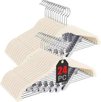 Korpai 24-Pack Beige Velvet Hangers with Clips Adjustable,Adult Hangers,Outfit Hangers,Heavy-Duty,Non-Slip,Space Saving, Felt Hanger for Pants, Skirts, Suits,Coats, Dresses ect.