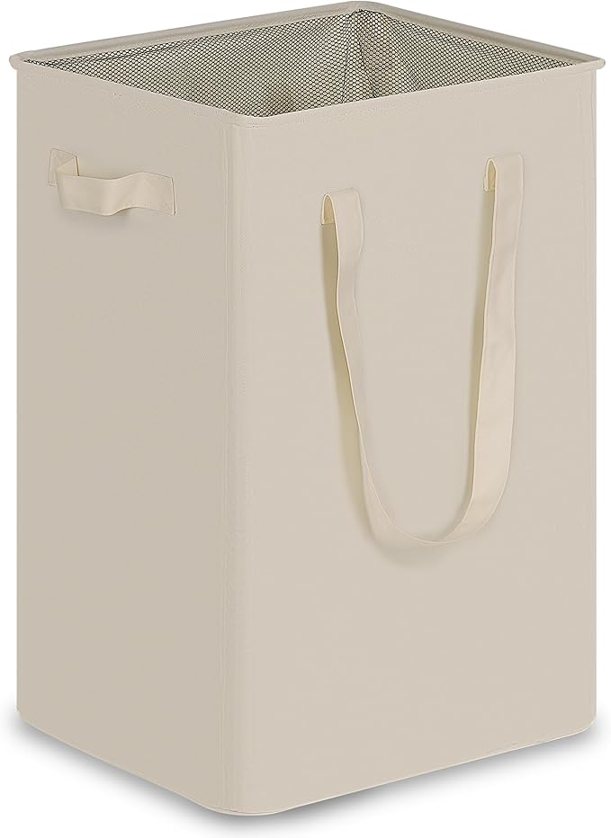 efluky Slim Laundry Basket, Narrow Laundry Hamper with Handles, Collapsible Dirty Clothes Hamper, Tall Laundry Bin for Laundry Room, Dorm and Bedroom, 90L Beige