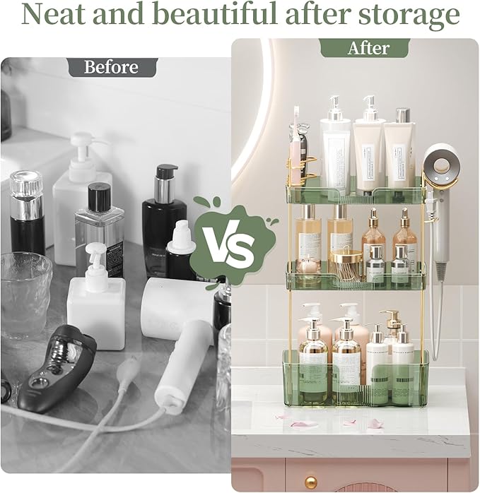 Makeup Organizer 3 Tier Bathroom Organizer Countertop Makeup Perfume Tray Skincare Organizer Comes with Hair Dryer Rack and Toothbrush Holder for Bathroom Dresser Vanity (Green)