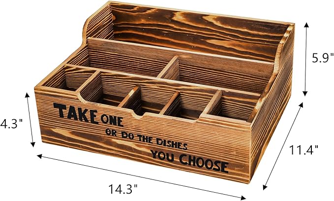 Frcctre Paper Plate Organizer for Countertop, 8 Compartments Rustic Kitchen Utensil Dispenser Wood Silverware Caddy Organizer for Plates, Cups, Forks, Spoons, Napkins