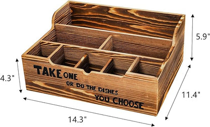 Frcctre Paper Plate Organizer for Countertop, 8 Compartments Rustic Kitchen Utensil Dispenser Wood Silverware Caddy Organizer for Plates, Cups, Forks, Spoons, Napkins