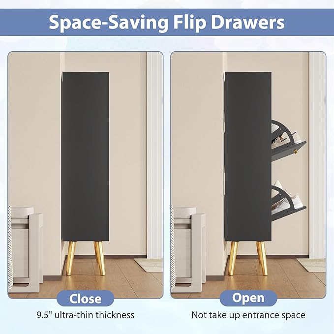 Shoe Cabinet Storage for Entryway, White Shoe Organizer with 2 Flip Drawers & Open Shelf, Freestanding Hidden Large Shoe Storage Cabinet (1pc-Black, 2 Flip Drawers with Shelf)