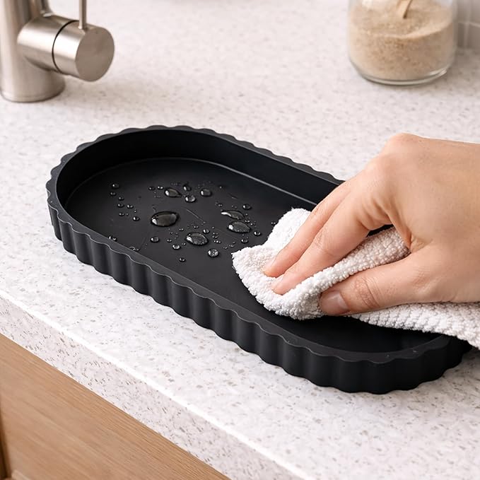 Silicone Bathroom Tray, Small Vanity Organizer, Rectangle Sink Caddy Sponge Holder Kitchen Counter Decor for Dish Soap, Perfume, Candle (Black)