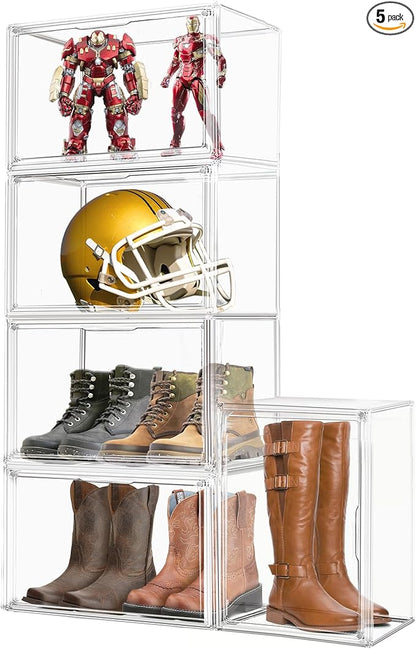 DAOOH 5 Pack XXX-Large Extra Large Acrylic Display Case 17''x13''x13'' Transparent Shoe Display Case Sneaker Storage Clear Stackable Boot & Shoe Boxes Large Showcase for Helmet, Figures Collectibles