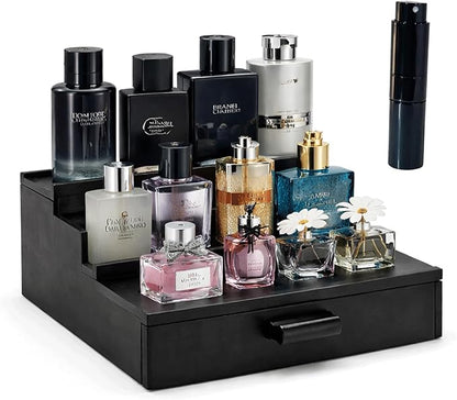 3 Tier Cologne Organizer for Men with Drawer – Solid Wood Perfume Stand Organizer, Wooden Cologne Display Shelf for Dresser, Countertop cologne storage Rack, Mens Cologne Holder, Bathroom Vanity Organizer