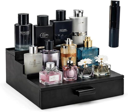 3 Tier Cologne Organizer for Men with Drawer – Solid Wood Perfume Stand Organizer, Wooden Cologne Display Shelf for Dresser, Countertop cologne storage Rack, Mens Cologne Holder, Bathroom Vanity Organizer