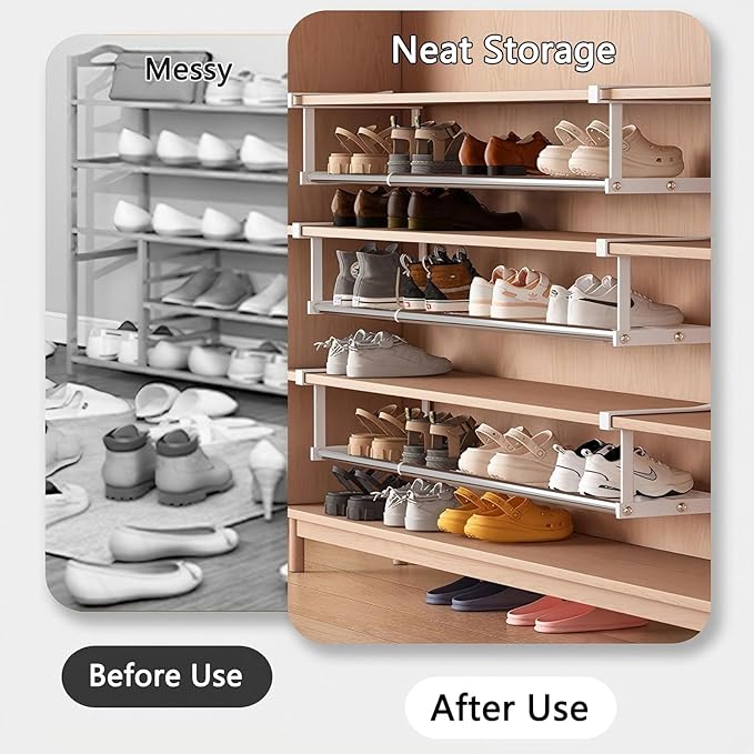 Stainless Steel Expandable Shoe Rack Organizer for Closet – 16 to 30 Inch Adjustable, Retractable Hanging Cabinet Storage Shelf – Space-Saving Storage for Under Shelf, Closet, or Cabinet (Silver)