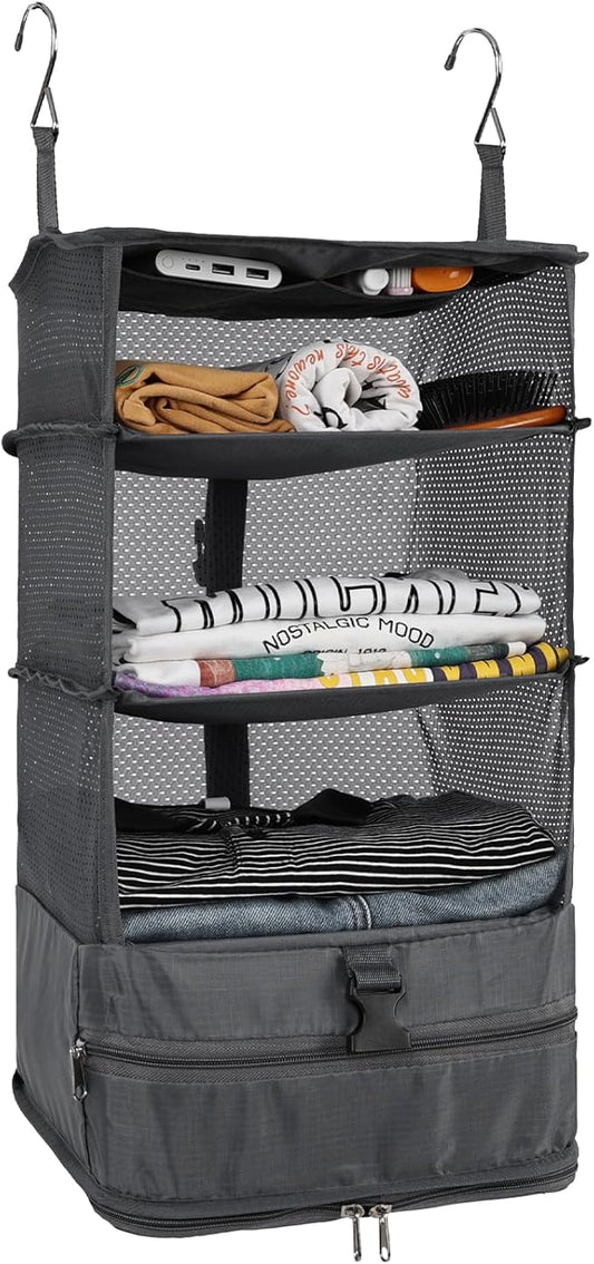Surblue Hanging Closet Storage Bag Collapsible 3-Shelf Washable Oxford Fabric with 2 Hooks (L 11.41 * 11.41 * 19.68in, Grey)