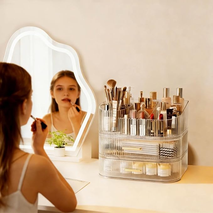 Makeup Organizer with 360 Rotating Brush Holder and Stackable Drawers, Cosmetic Display Case for Vanity, Bathroom Countertop (Clear, 3 Layer)