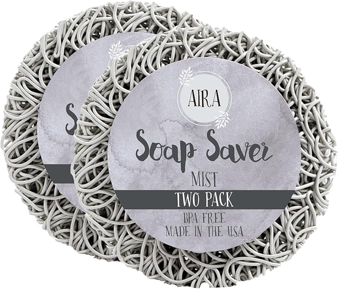 Aira Soap Saver - Soap Dish & Soap Holder Accessory - BPA Free Shower & Bath Soap Holder - Drains Water, Circulates Air, Extends Soap Life - Fits All Soap Dish Sets (Round Mist, 2 Pack)